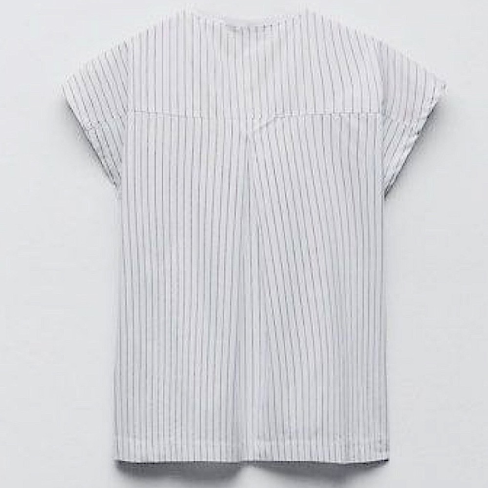 Zara NEW Cotton Poplin Stripe Side Button Vneck Tee Size Small Black/White - Picture 2 of 12
